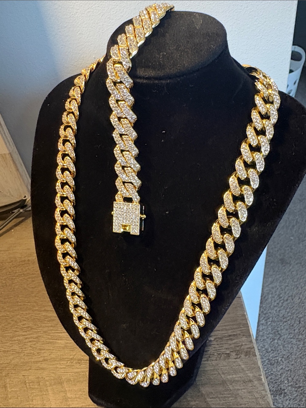 Gold Tone Rhinestone Cuban Link Necklace & Bracelet Set - Picture 5 of 5